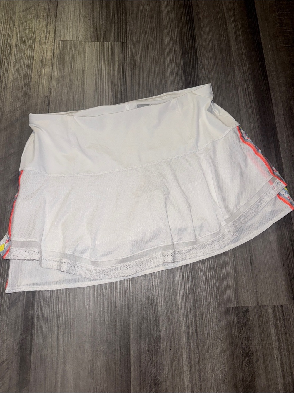 Lucky in Love tennis skirt skort XL 14 women’s white tiered crochet neon stripe